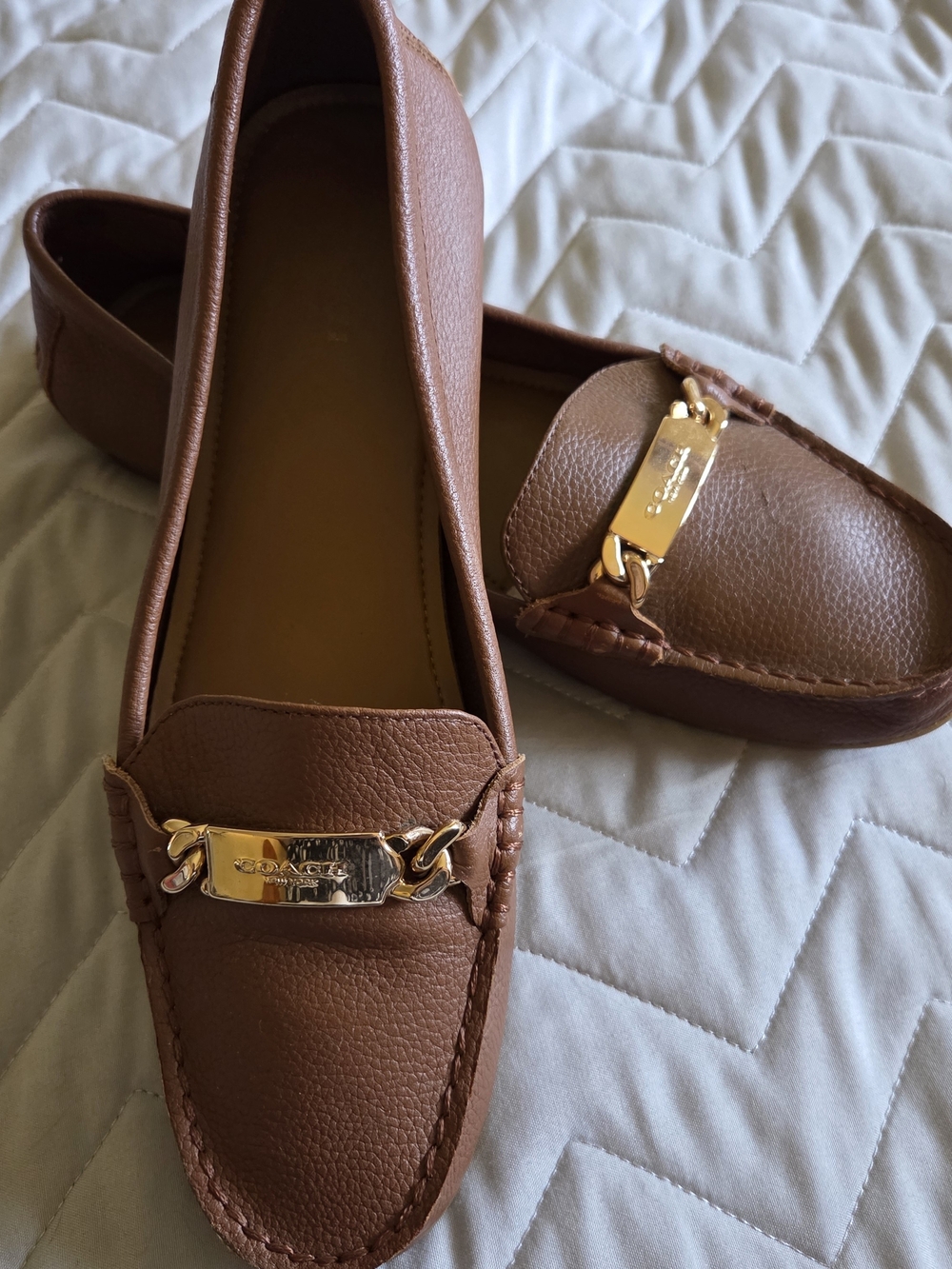 Coach Brown womens Leather Slip-On Loafers with Gold Plate Accent
